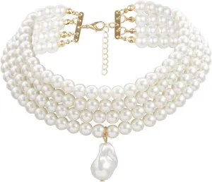 Multilayer Pearl Necklace Vintage Imitation Pearl Choker Necklace Multi-Strand Pearl Choker Necklaces Wedding Jewelry