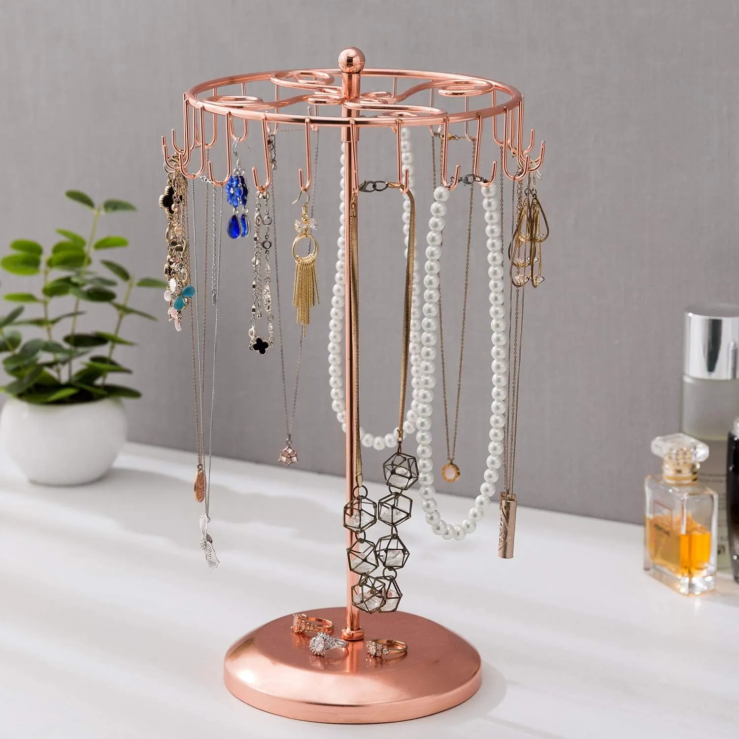 MyGift Freestanding Copper Tone Metal Rotating Jewelry Stand Organizer Display Tree with 24 Hooks for Bracelets, Necklaces, Hoop Earrings