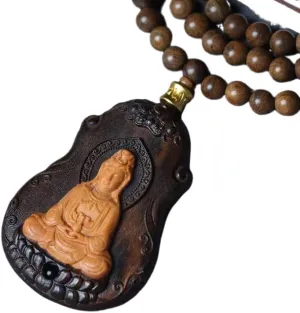 Natural Agarwood Guanyin Pendant Necklace with 108 Buddhist Beads Hanging Chain, Buddhist Talisman for Men and Women, Auspicious and Good Luck Necklace