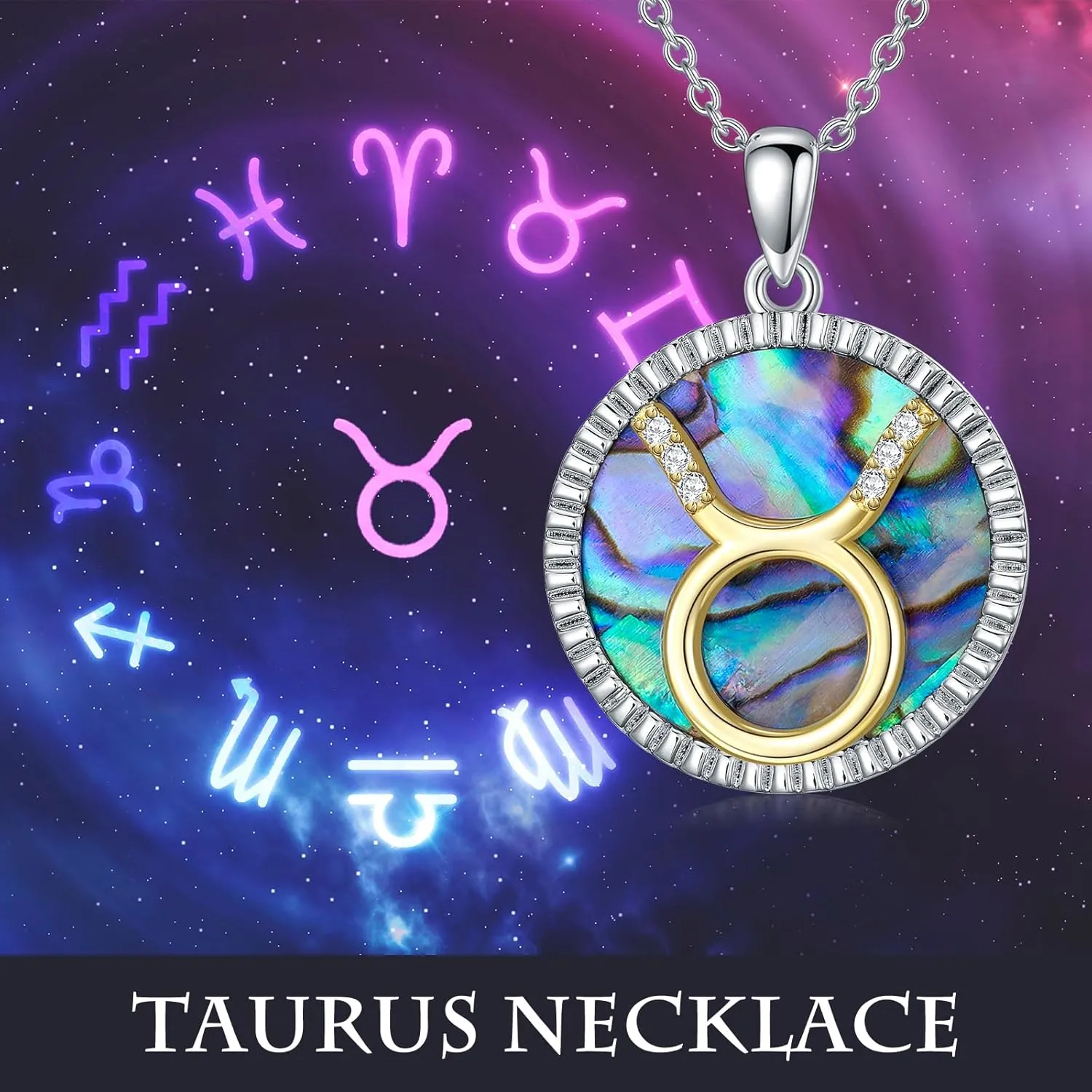 Natural Diamond Zodiac Necklace with Abalone Shell for Women S925 Sterling Silver 12 Constellation Coin Disc Necklace Pendant