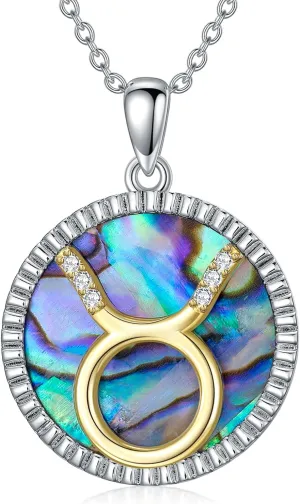 Natural Diamond Zodiac Necklace with Abalone Shell for Women S925 Sterling Silver 12 Constellation Coin Disc Necklace Pendant