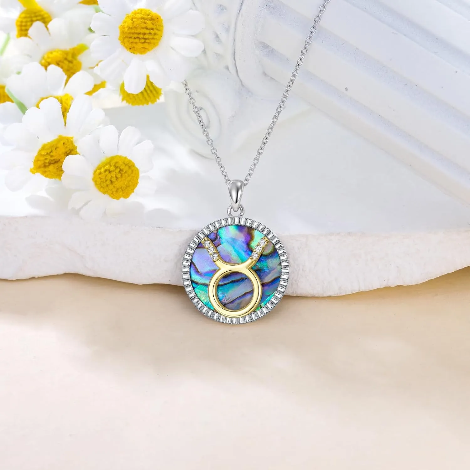 Natural Diamond Zodiac Necklace with Abalone Shell for Women S925 Sterling Silver 12 Constellation Coin Disc Necklace Pendant