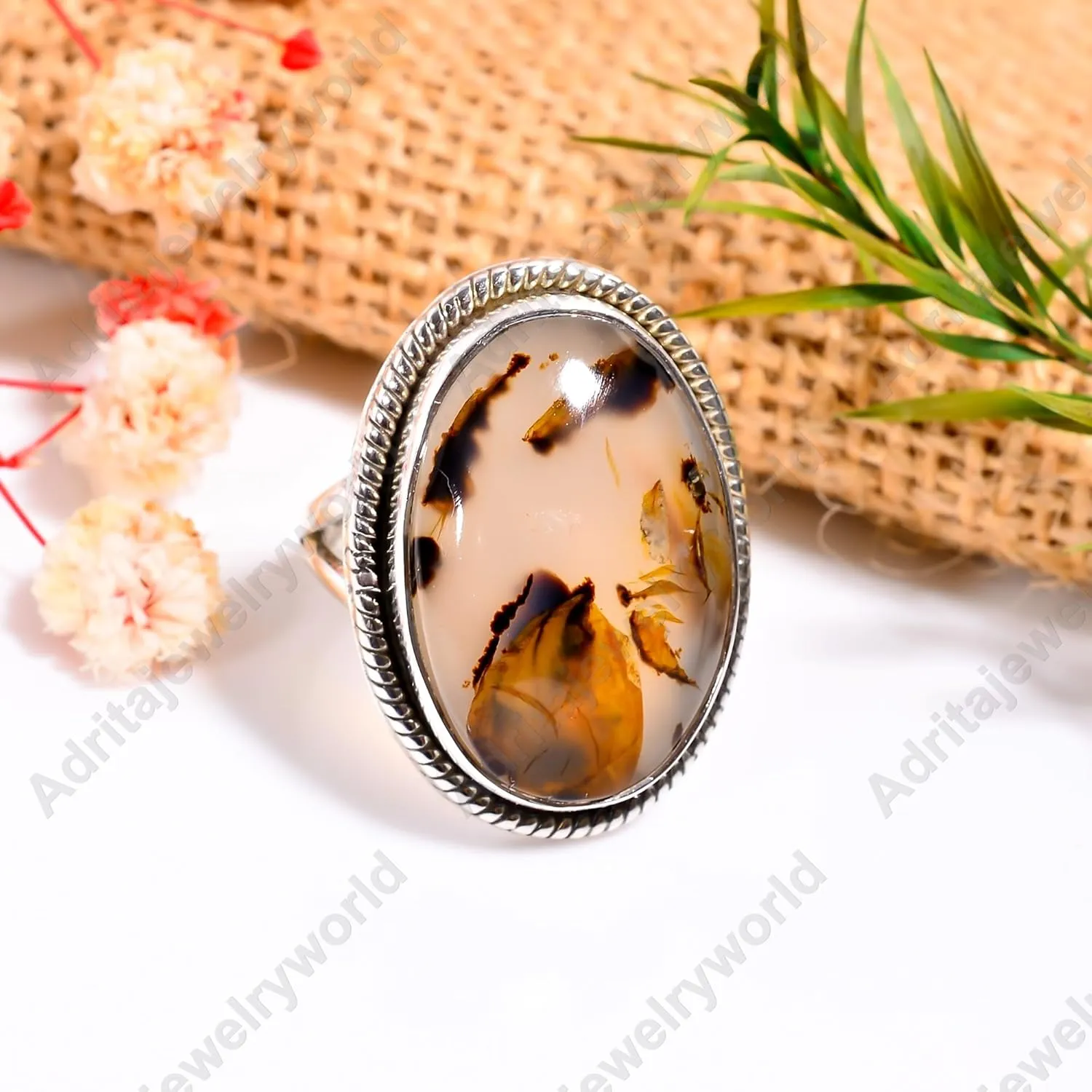 Natural Montana Agate Gemstone 925 Sterling Silver Large Stone Handmade Statement Promise Ring Jewelry Gift for Women (9)