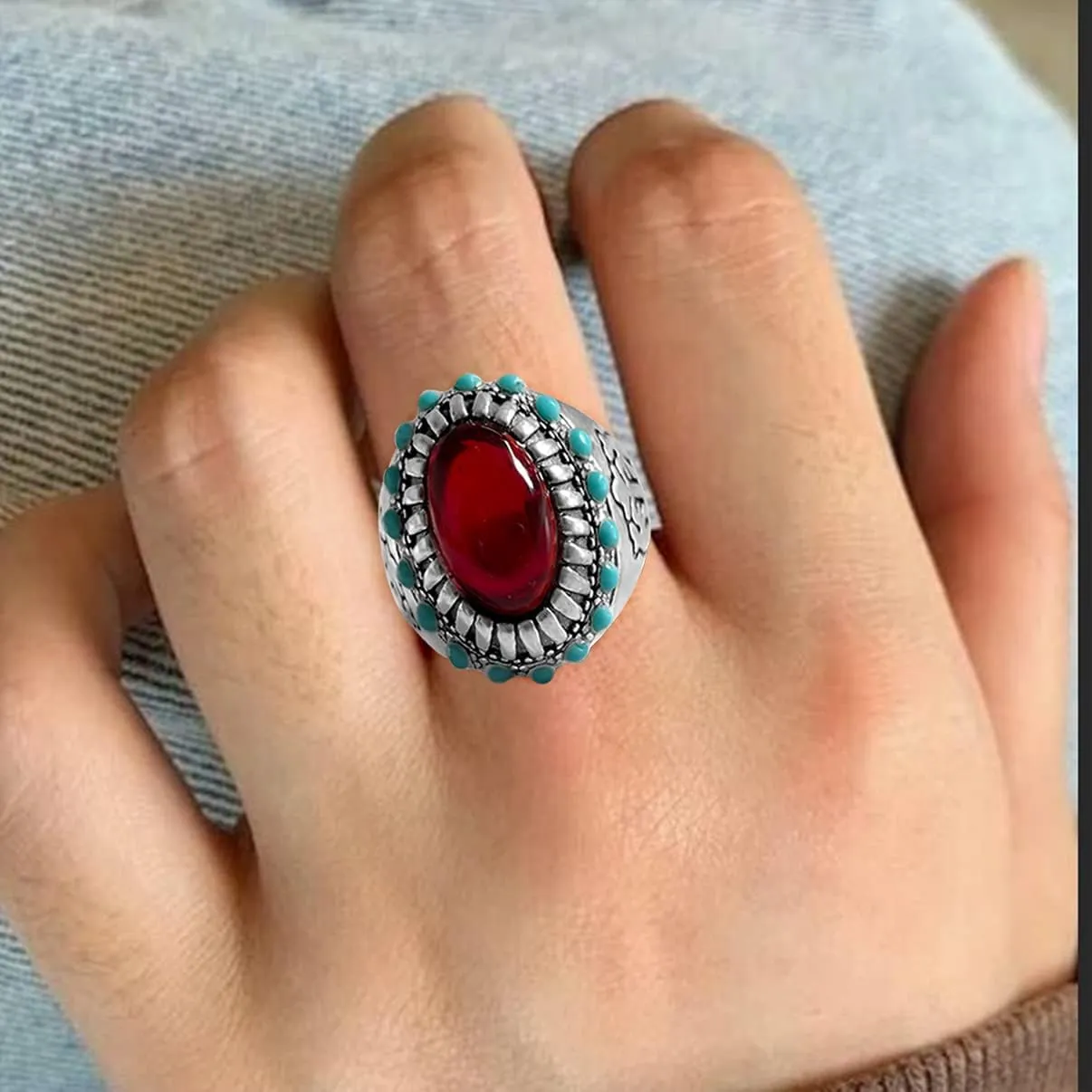 Natural Real Agate Onyx Stone Ring for Rock Men,Retro Vintage Thick Silver Plated Handmade Gemstone Quartz Crystal Ring Jewelry