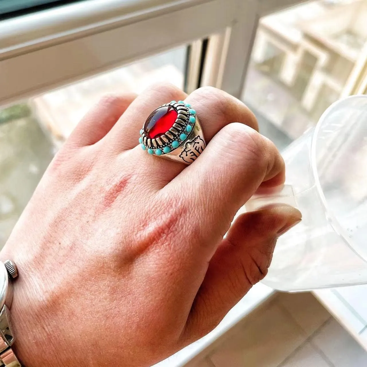 Natural Real Agate Onyx Stone Ring for Rock Men,Retro Vintage Thick Silver Plated Handmade Gemstone Quartz Crystal Ring Jewelry