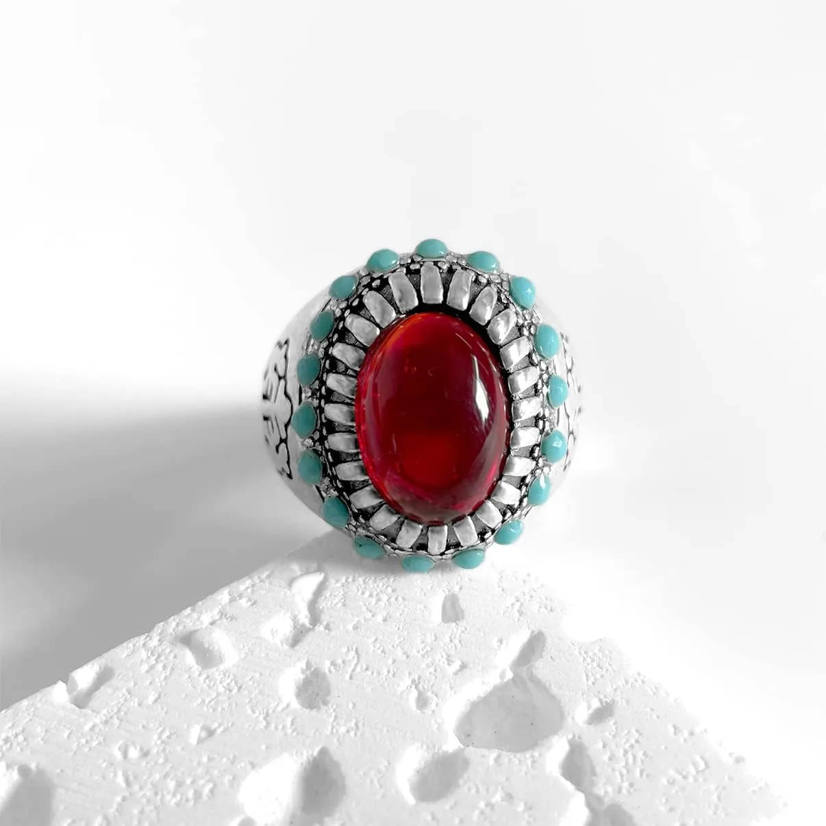 Natural Real Agate Onyx Stone Ring for Rock Men,Retro Vintage Thick Silver Plated Handmade Gemstone Quartz Crystal Ring Jewelry