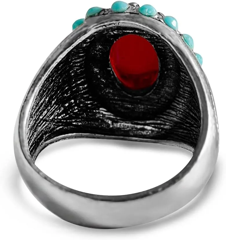 Natural Real Agate Onyx Stone Ring for Rock Men,Retro Vintage Thick Silver Plated Handmade Gemstone Quartz Crystal Ring Jewelry