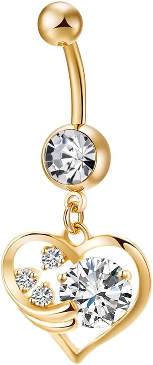 Navel Rings for Women, Belly Button Rings Dangling 316L Surgical Steel Belly Button Rings Cubic Zirconia Hollow Heart Navel Ring Gold