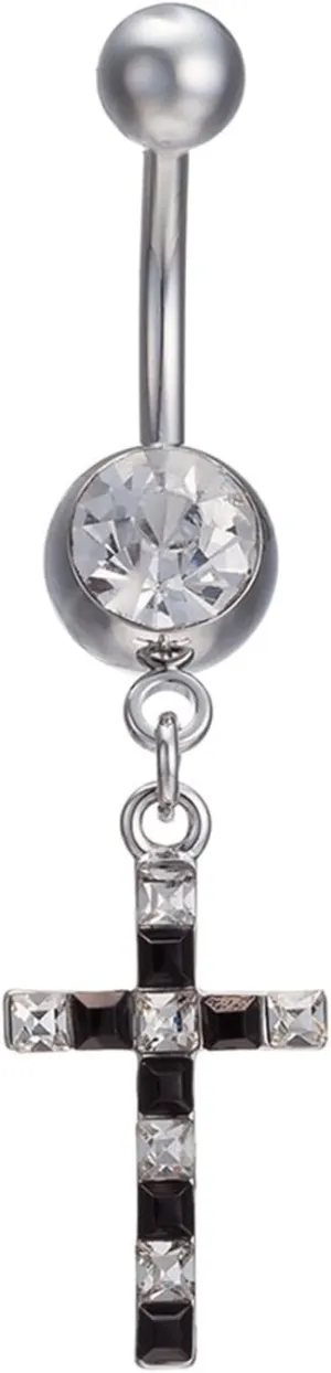 Navel Rings for Women Surgical Stainless Steel Silver Cross with White Cubic Zirconia Navel Rings Surgical Steel 14 Gauge Navel Rings Body Piercing Jewelry Black Silver