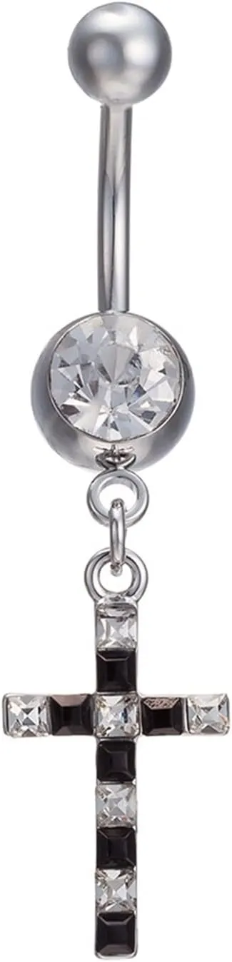 Navel Rings for Women Surgical Stainless Steel Silver Cross with White Cubic Zirconia Navel Rings Surgical Steel 14 Gauge Navel Rings Body Piercing Jewelry Black Silver