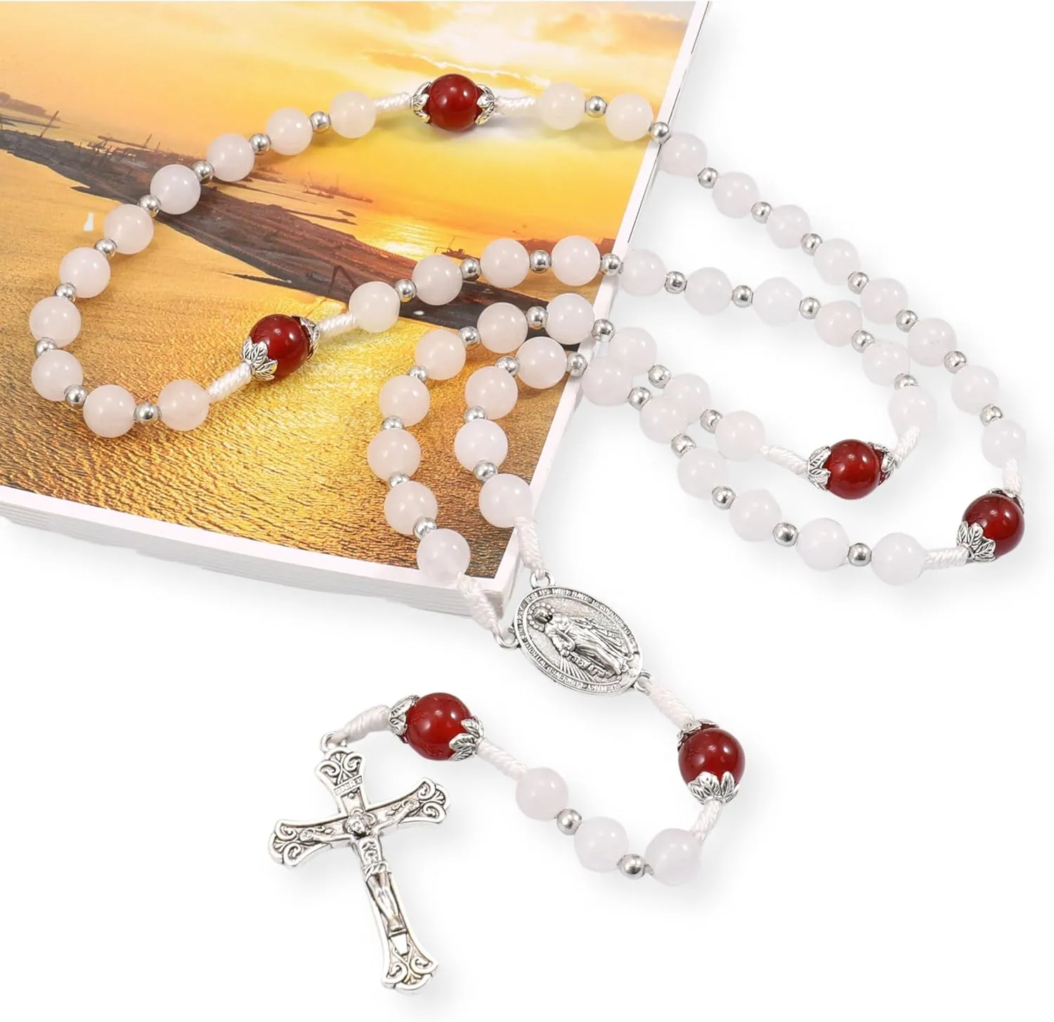 Nazareth Store 8mm White Jade & 10mm Natural Stone Beads Rosary Necklace St. Miraculous Medal & Cross Crucifix Catholic Prayer Beads Religious Jewelry