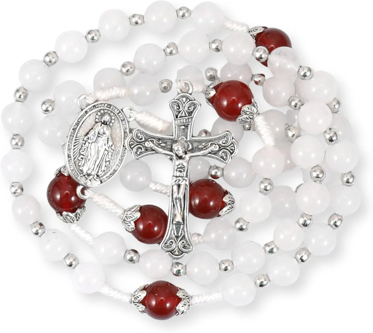 Nazareth Store 8mm White Jade & 10mm Natural Stone Beads Rosary Necklace St. Miraculous Medal & Cross Crucifix Catholic Prayer Beads Religious Jewelry