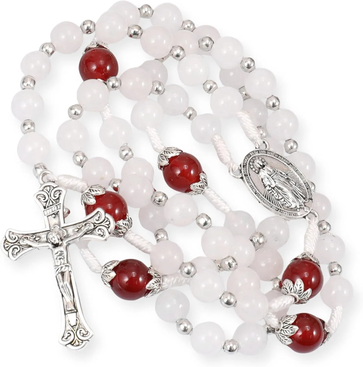 Nazareth Store 8mm White Jade & 10mm Natural Stone Beads Rosary Necklace St. Miraculous Medal & Cross Crucifix Catholic Prayer Beads Religious Jewelry