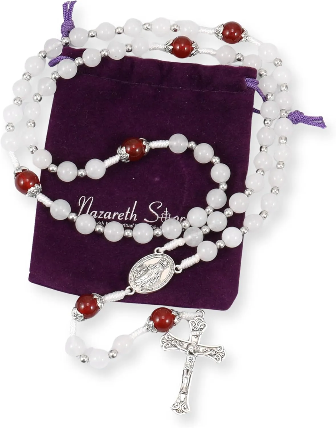 Nazareth Store 8mm White Jade & 10mm Natural Stone Beads Rosary Necklace St. Miraculous Medal & Cross Crucifix Catholic Prayer Beads Religious Jewelry
