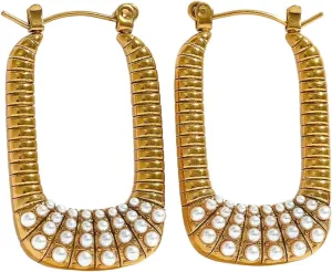 New 2025 Rectangle Hoop Earrings Stainless Steel 18K Gold Color Imitation Pearls Metal Hollow Unique Fashion Vintage Jewelry Gift Fashion Accessories Creative Gift
