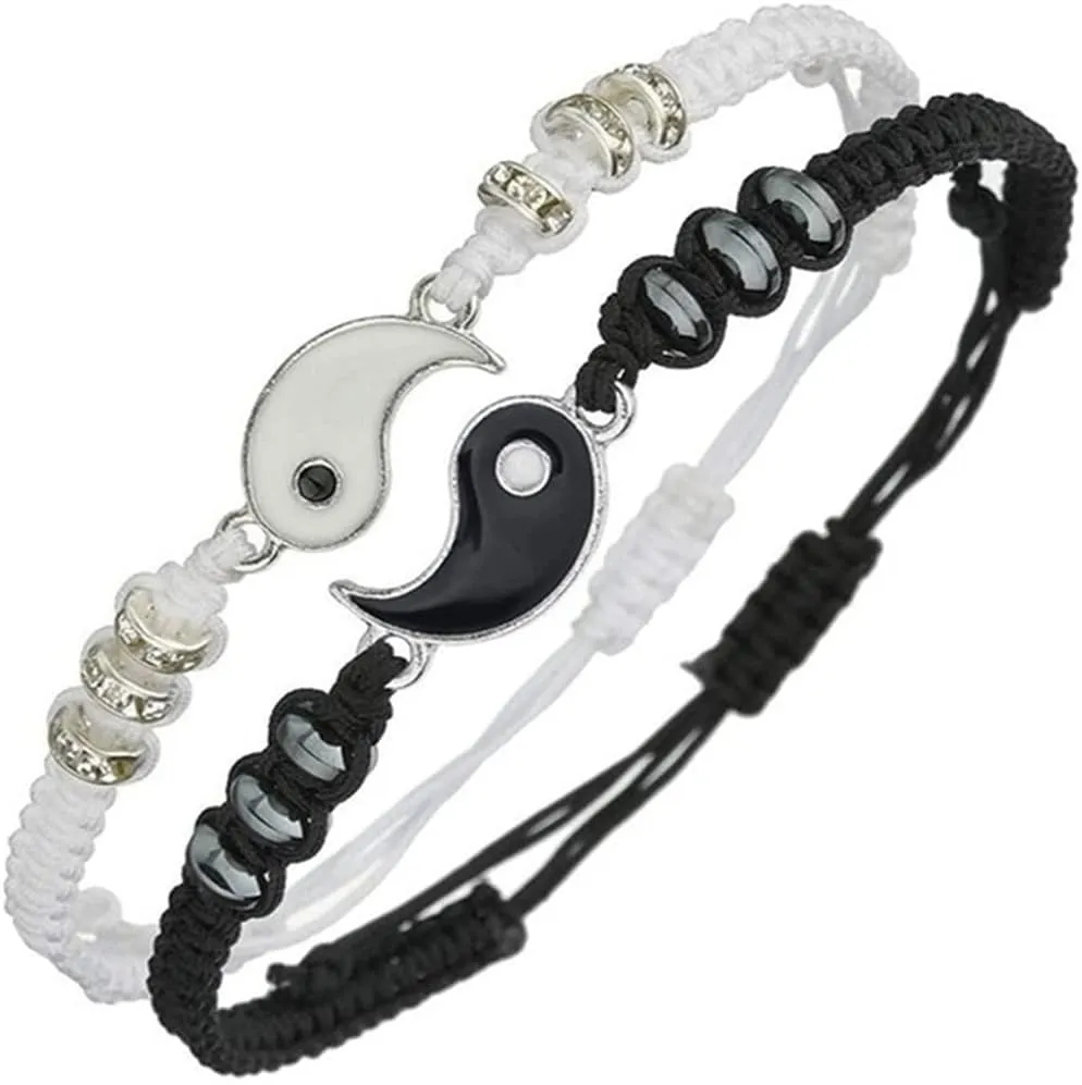 New Best Friend Bracelets for 2 Matching Yin Yang Adjustable Cord Bracelet for Bff Friendship Relationship Boyfriend Girlfriend
