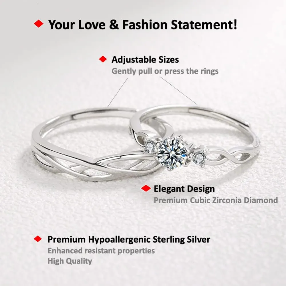 [New Sterling Silver 925, Couple Rings Set, Adjustable Matching Rings, I Love You Wedding Relationship Promise Rings
