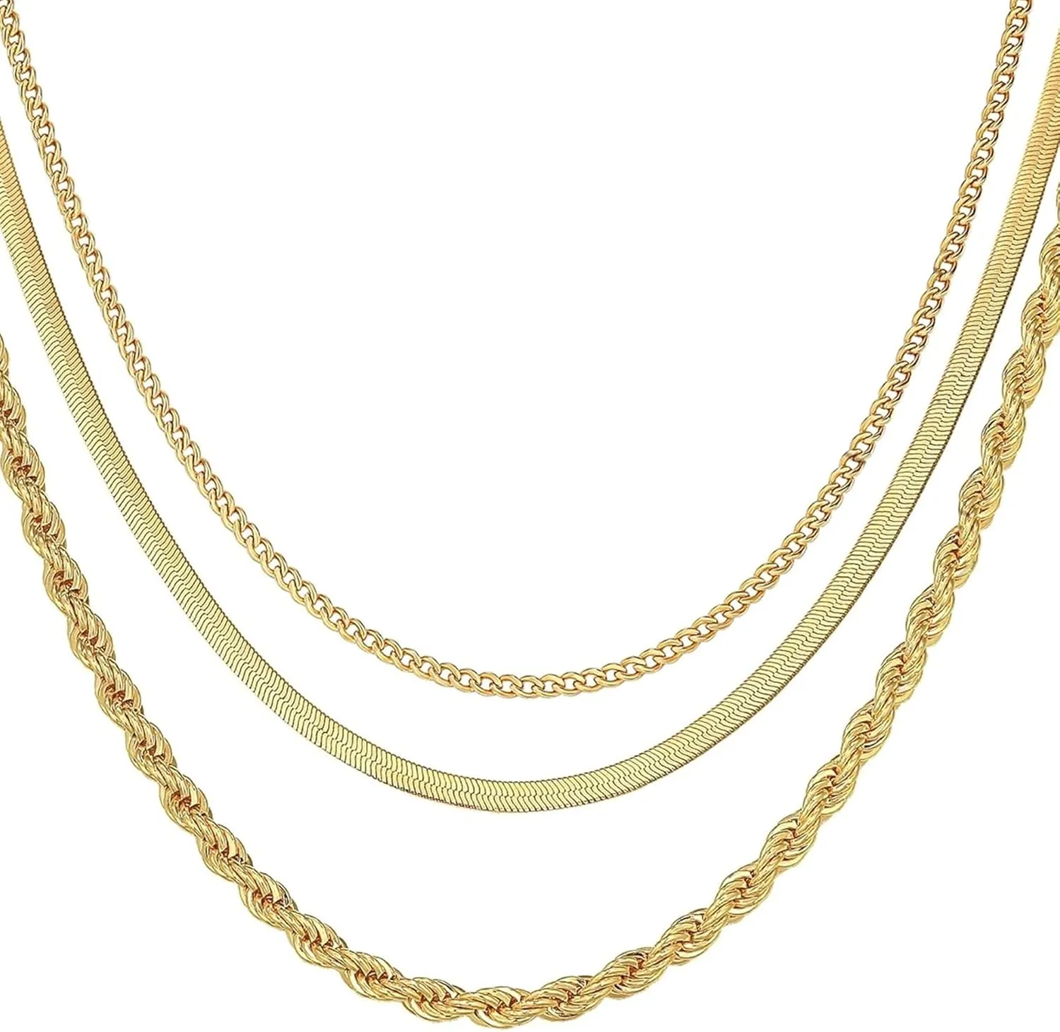 New women's adjustable gold layered necklace, multi strand fashionable jewelry, 16 inch triple chain design (alloy material)