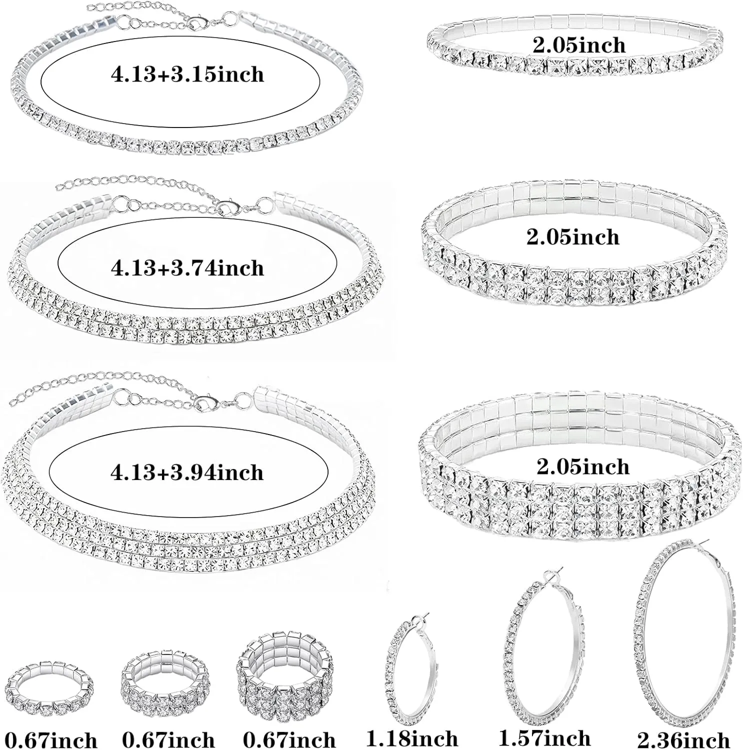 NEWITIN 15 Pieces Silver Jewelry Set for Women Prom Costume Jewels Rhinestone Crystal Necklaces Tennis Bracelets Rings Earrings Set Bridal Wedding Jewelry Sets for Brides Bridesmaid