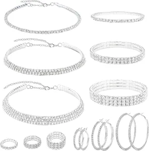 NEWITIN 15 Pieces Silver Jewelry Set for Women Prom Costume Jewels Rhinestone Crystal Necklaces Tennis Bracelets Rings Earrings Set Bridal Wedding Jewelry Sets for Brides Bridesmaid