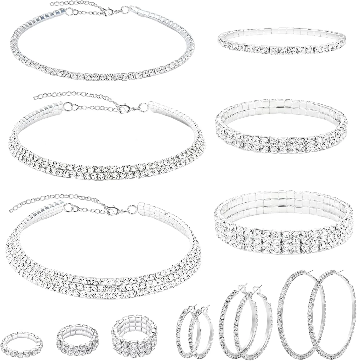 NEWITIN 15 Pieces Silver Jewelry Set for Women Prom Costume Jewels Rhinestone Crystal Necklaces Tennis Bracelets Rings Earrings Set Bridal Wedding Jewelry Sets for Brides Bridesmaid