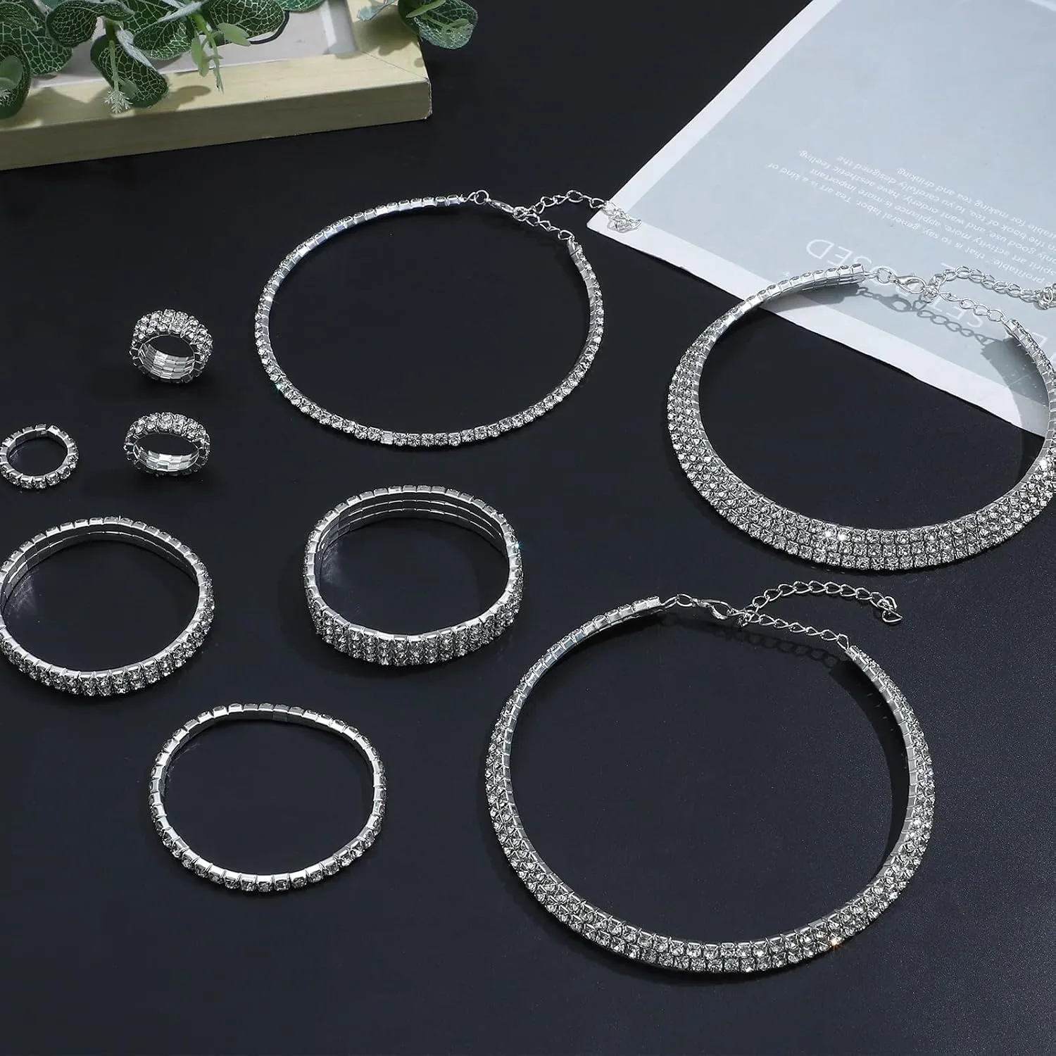 NEWITIN 15 Pieces Silver Jewelry Set for Women Prom Costume Jewels Rhinestone Crystal Necklaces Tennis Bracelets Rings Earrings Set Bridal Wedding Jewelry Sets for Brides Bridesmaid