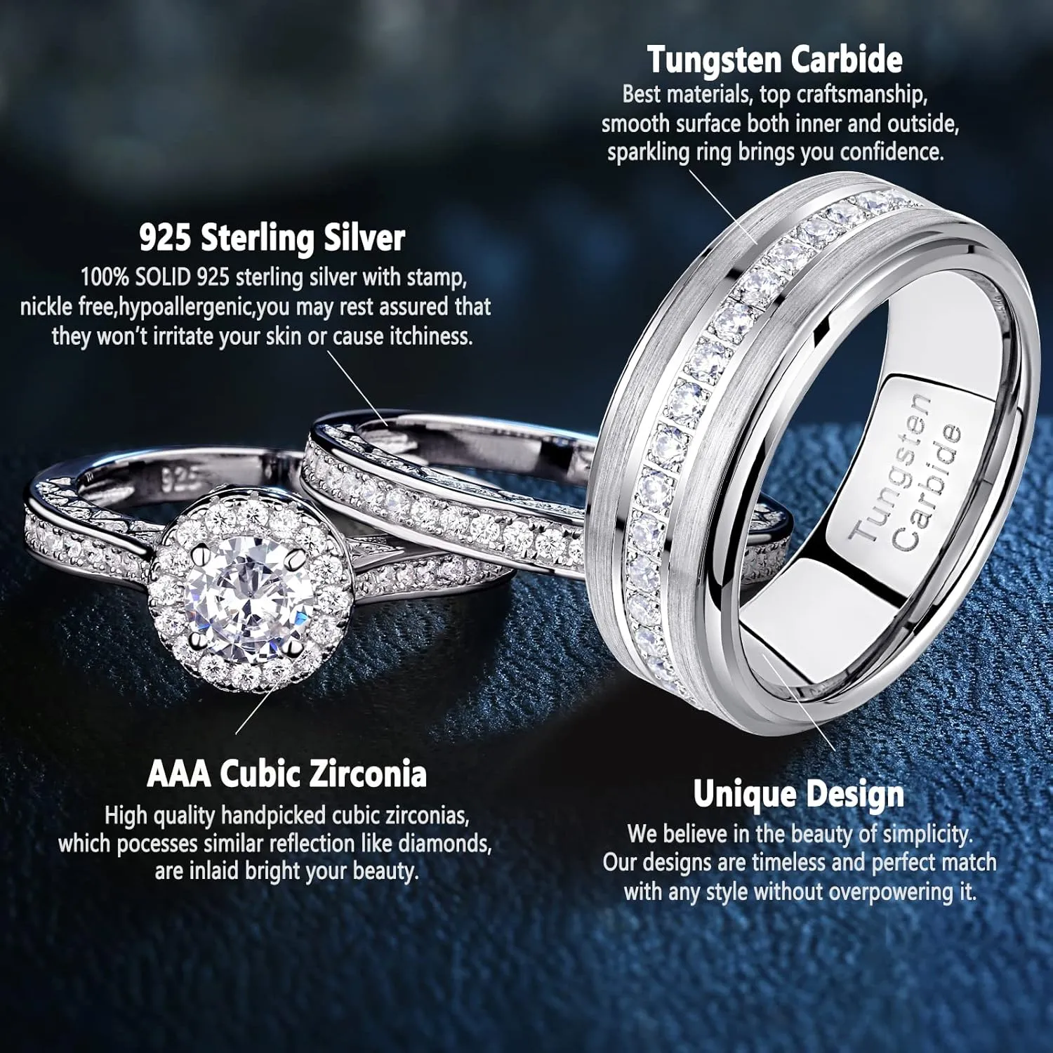 Newshe Jewellery Wedding Rings Set for Him and Her Women Mens Tungsten Bands AAAAA Cz Round 3Ct 925 Sterling Silver Size 5-13