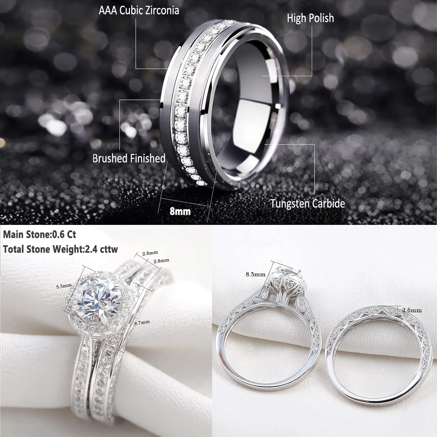Newshe Jewellery Wedding Rings Set for Him and Her Women Mens Tungsten Bands AAAAA Cz Round 3Ct 925 Sterling Silver Size 5-13