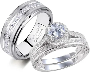 Newshe Jewellery Wedding Rings Set for Him and Her Women Mens Tungsten Bands AAAAA Cz Round 3Ct 925 Sterling Silver Size 5-13