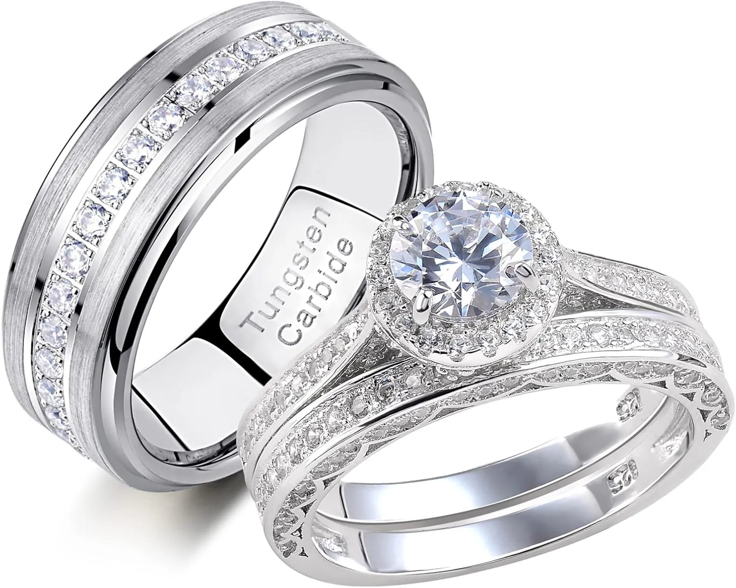 Newshe Jewellery Wedding Rings Set for Him and Her Women Mens Tungsten Bands AAAAA Cz Round 3Ct 925 Sterling Silver Size 5-13