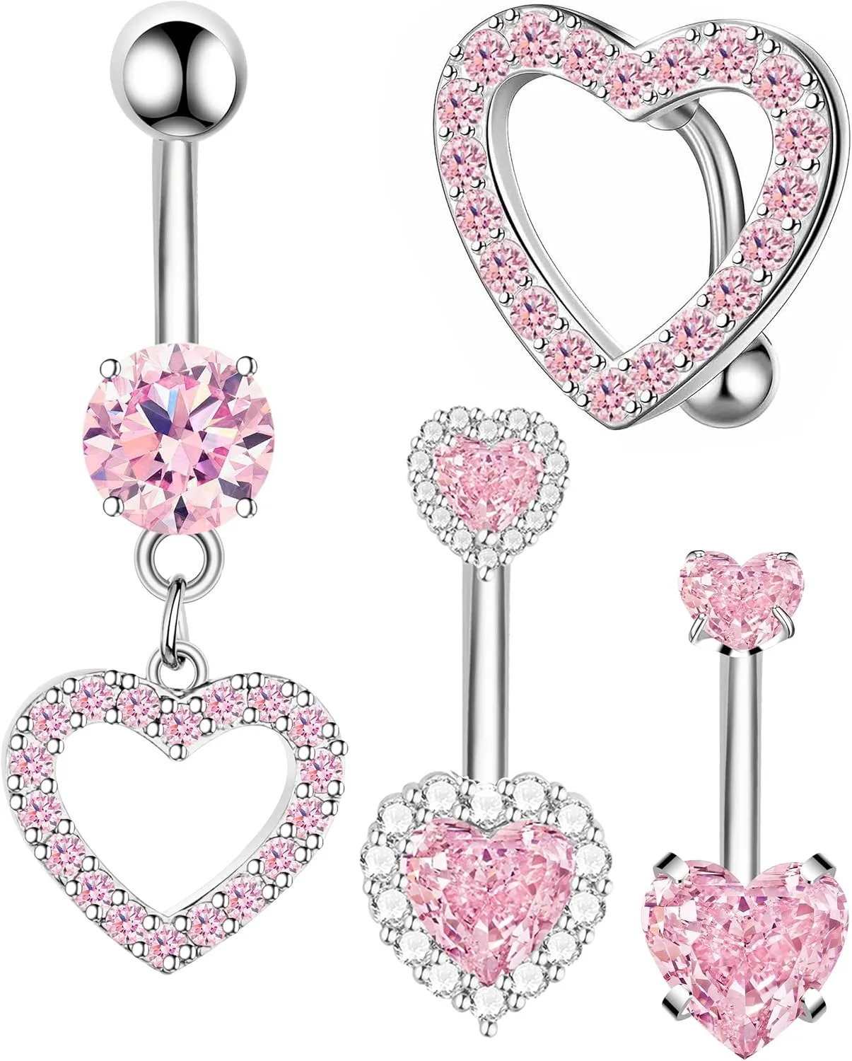 Nipple Ring and Belly Button Ring Set 14G Stainless Steel Sparkly Pink CZ Heart Bar Barbell Nipple Belly Piercing Body Jewelry