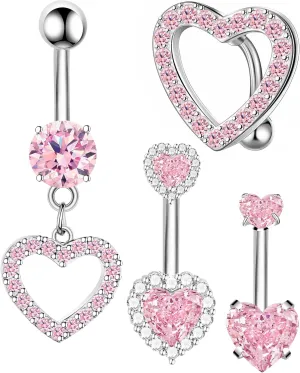 Nipple Ring and Belly Button Ring Set 14G Stainless Steel Sparkly Pink CZ Heart Bar Barbell Nipple Belly Piercing Body Jewelry