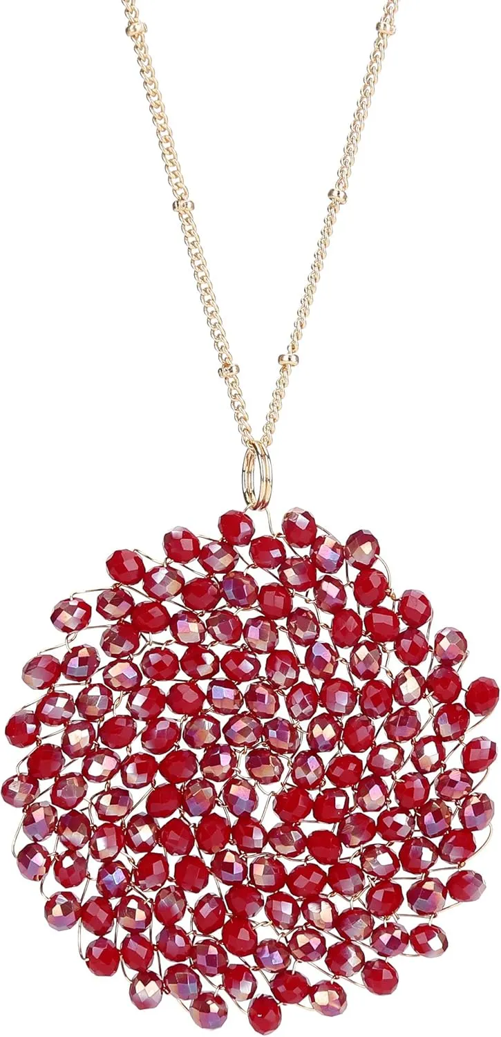 Niumike Handmade Crystal Circle Pendant Necklace for Women Disc Long Statement Necklaces with Box