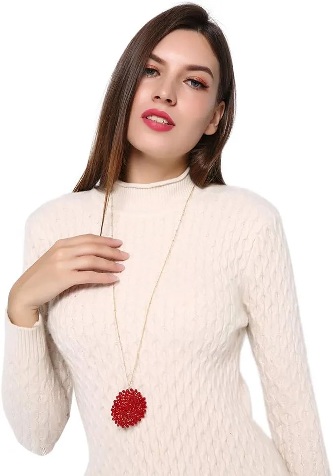 Niumike Handmade Crystal Circle Pendant Necklace for Women Disc Long Statement Necklaces with Box