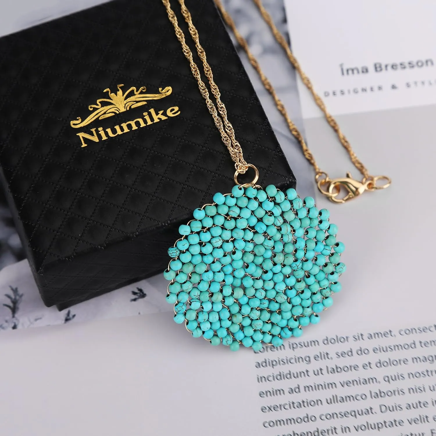 Niumike Handmade Crystal Circle Pendant Necklace for Women Disc Long Statement Necklaces with Box