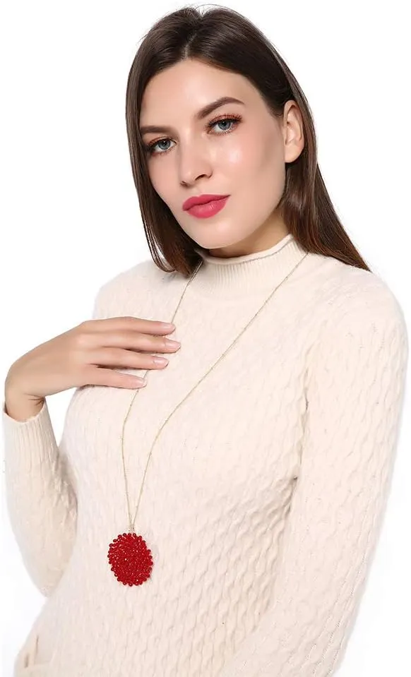Niumike Handmade Crystal Circle Pendant Necklace for Women Disc Long Statement Necklaces with Box