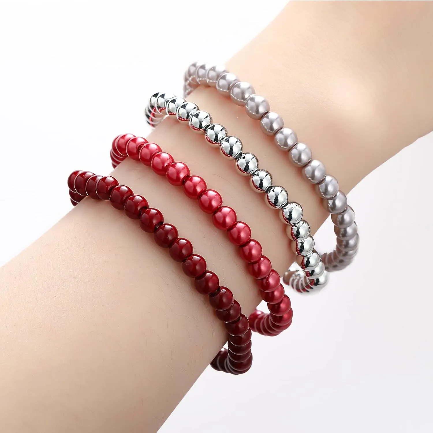 Noessla Beaded Pearl Stretch Bracelet Silver Stackable Crystal Beads Bracelets Trendy Costume Jewelry Mothers Day Gifts for Women