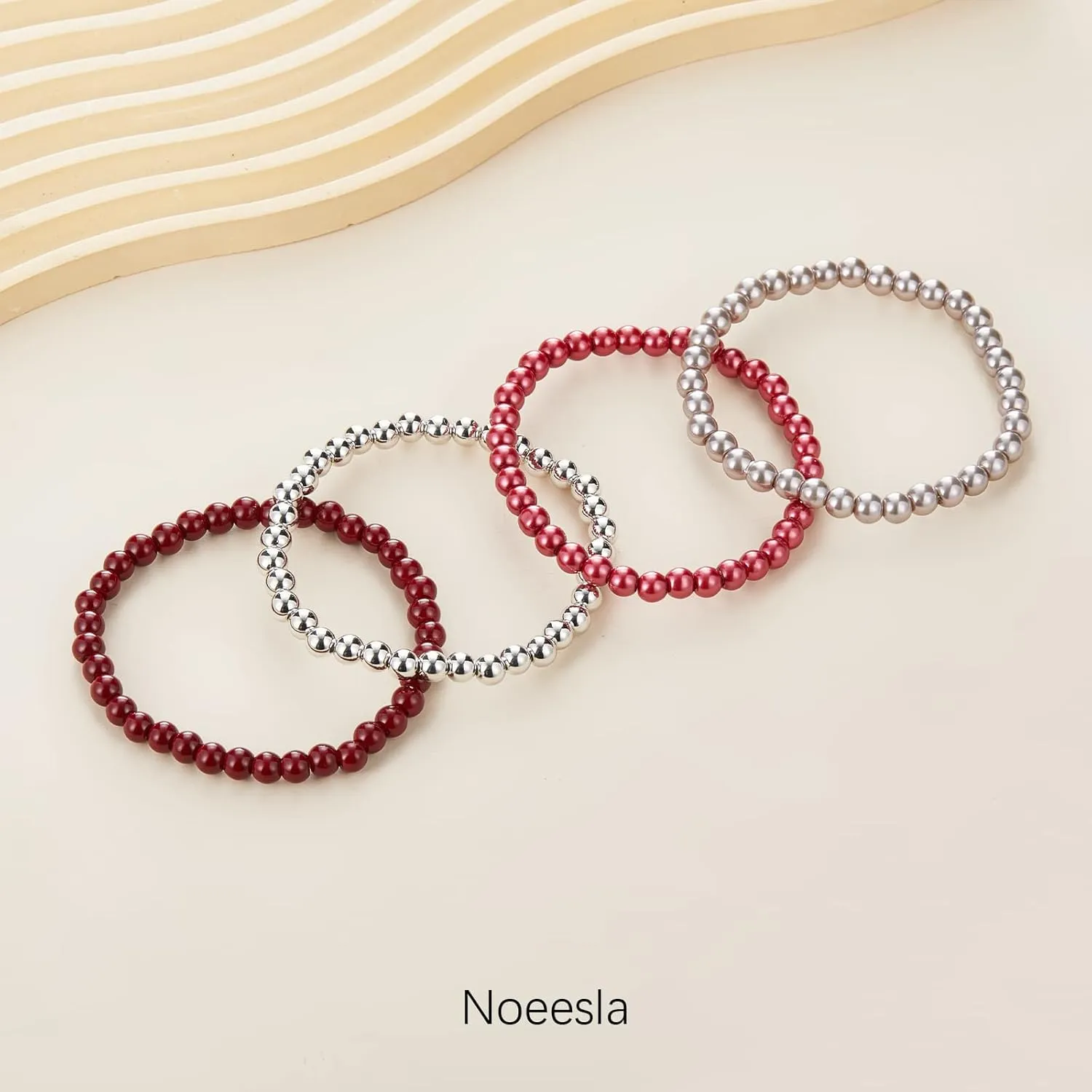Noessla Beaded Pearl Stretch Bracelet Silver Stackable Crystal Beads Bracelets Trendy Costume Jewelry Mothers Day Gifts for Women