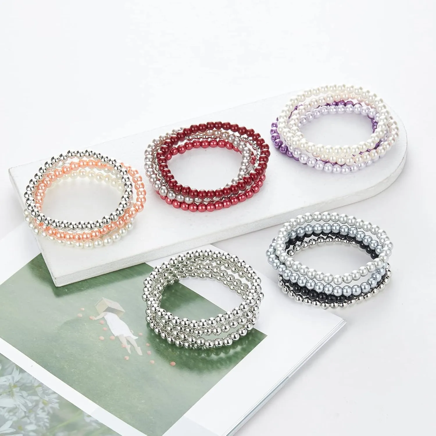 Noessla Beaded Pearl Stretch Bracelet Silver Stackable Crystal Beads Bracelets Trendy Costume Jewelry Mothers Day Gifts for Women