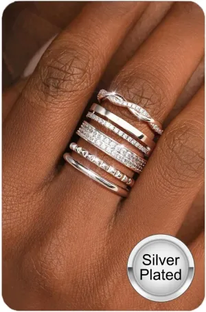 Non Tarnish Gold Silver Stackable Rings for Women - 14K Gold Plated Waterproof Stacking Thin Chunky Bands Cubic Zirconia Thumb Ring Set 2-4mm Trendy Statement Promise Engagement Rings Size 5-10
