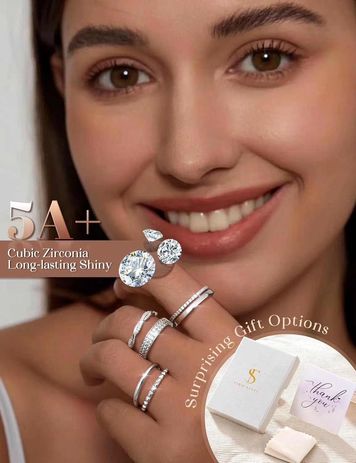 Non Tarnish Gold Silver Stackable Rings for Women - 14K Gold Plated Waterproof Stacking Thin Chunky Bands Cubic Zirconia Thumb Ring Set 2-4mm Trendy Statement Promise Engagement Rings Size 5-10