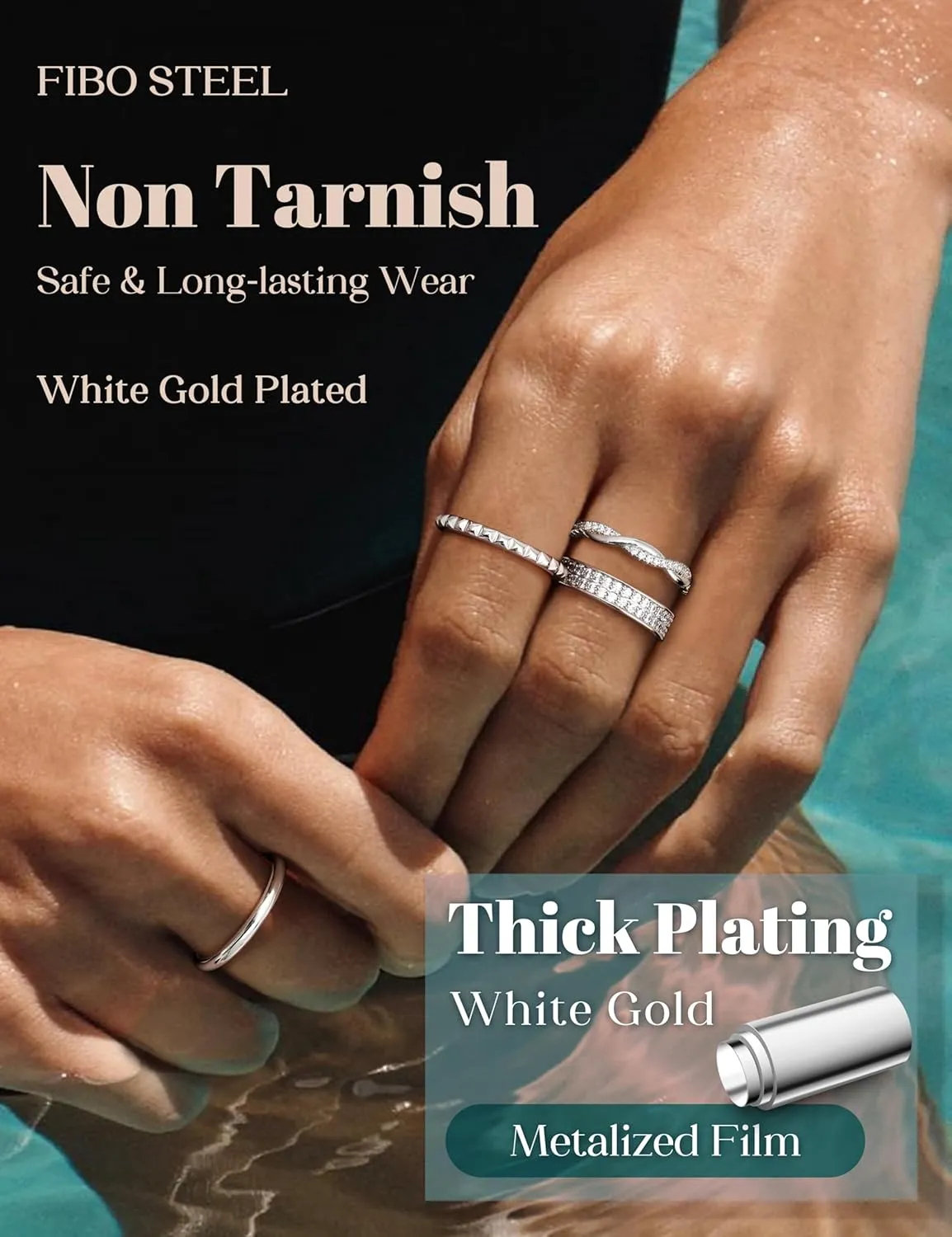 Non Tarnish Gold Silver Stackable Rings for Women - 14K Gold Plated Waterproof Stacking Thin Chunky Bands Cubic Zirconia Thumb Ring Set 2-4mm Trendy Statement Promise Engagement Rings Size 5-10