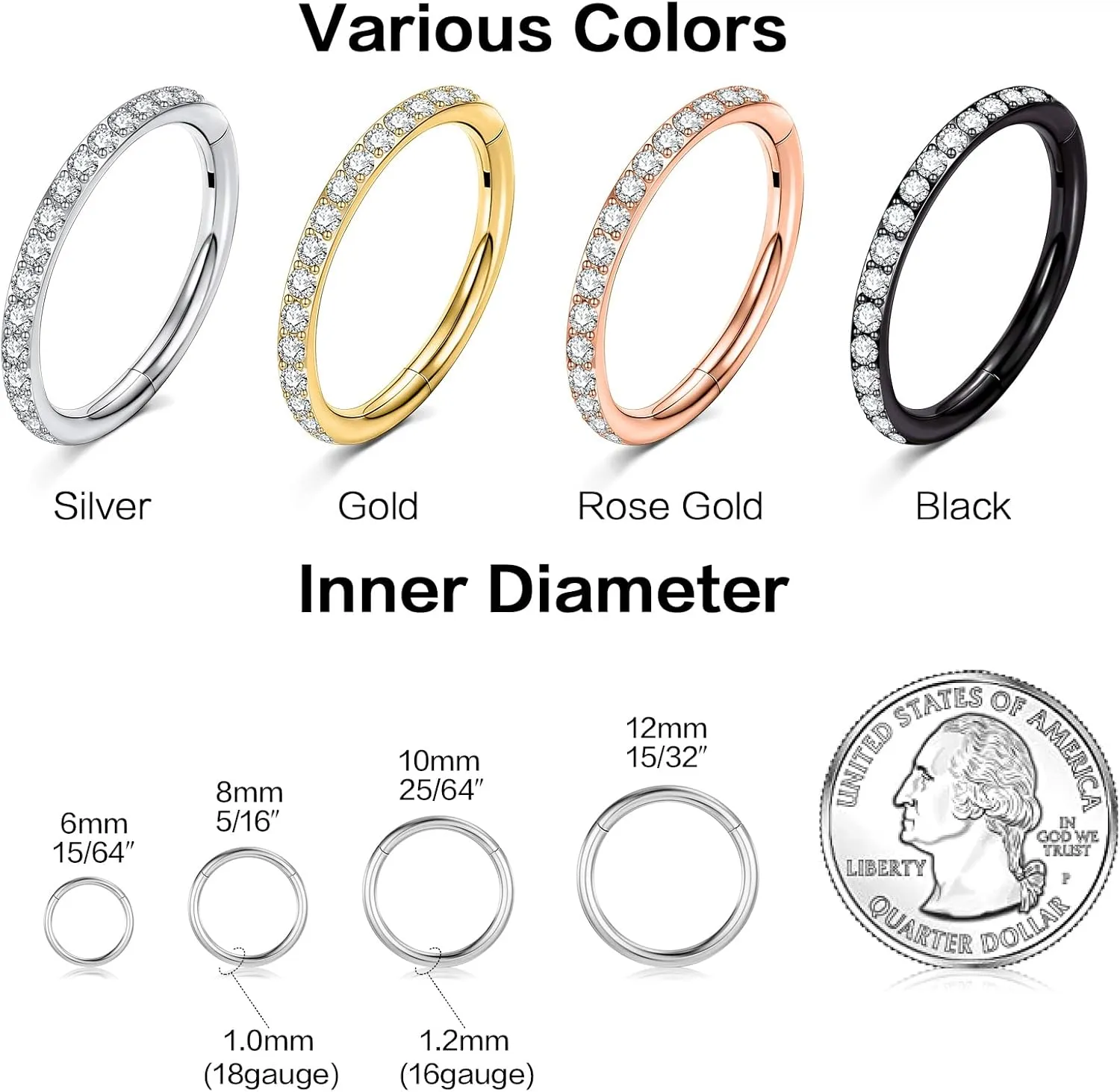 Nose Rings Hoops for Women Men Conch Hoop Earring Silver Gold 16g 18g Surgical Steel Tragus Nostril Helix Cartilage Clicker Ring Piercing Body Jewelry