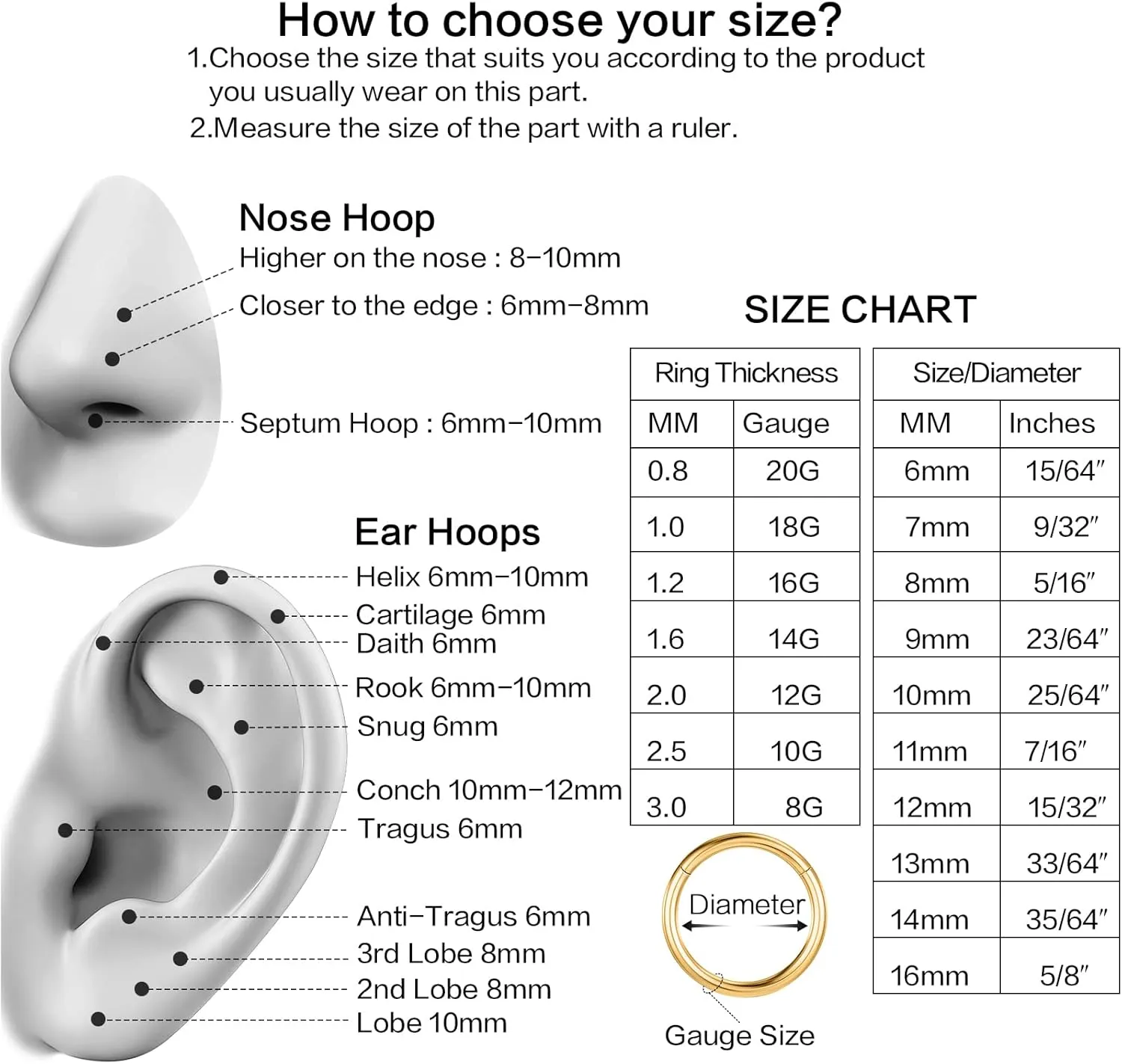 Nose Rings Hoops for Women Men Conch Hoop Earring Silver Gold 16g 18g Surgical Steel Tragus Nostril Helix Cartilage Clicker Ring Piercing Body Jewelry
