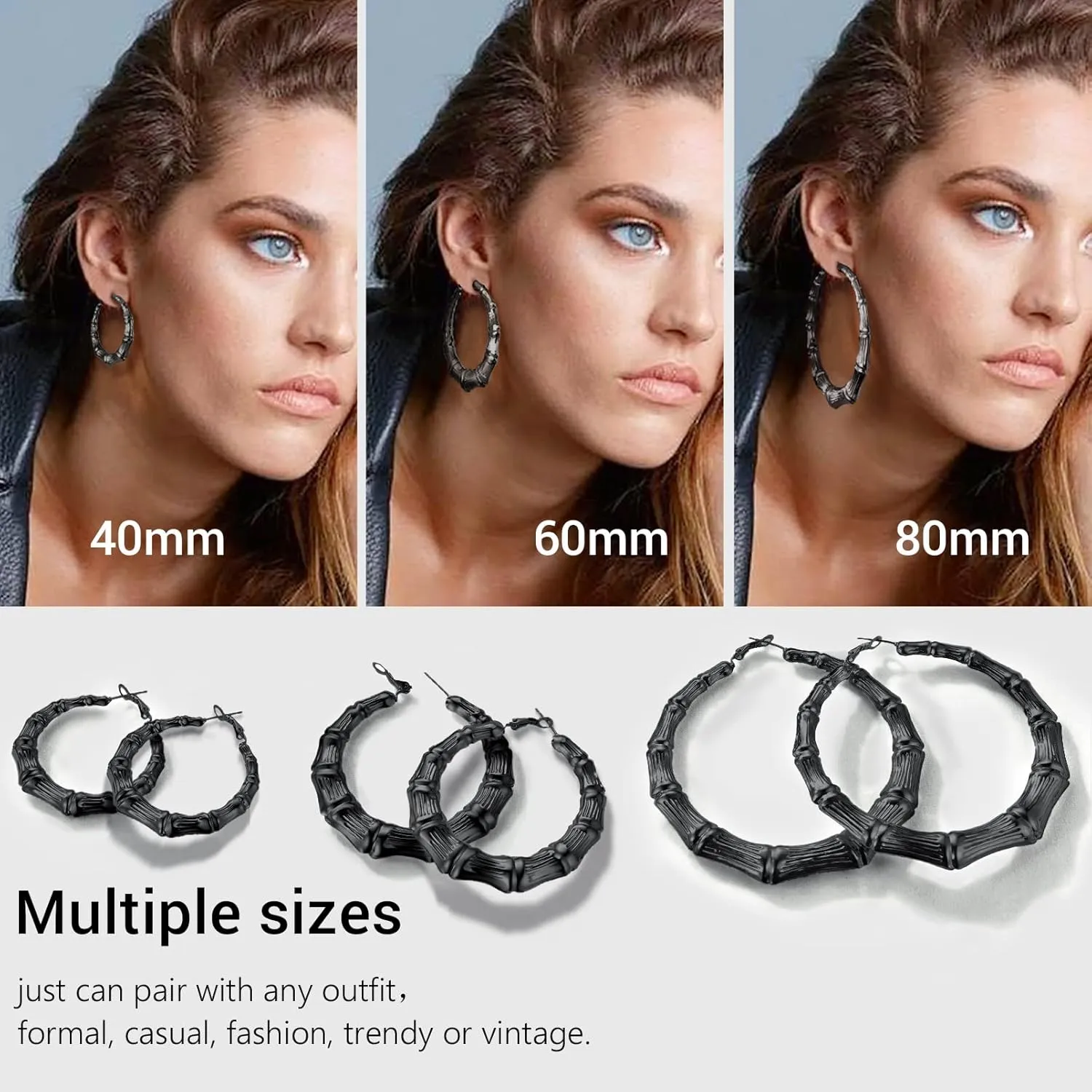 Novelty Bamboo Hoop Earrings For Women, Minimalist and Chic Jewelry, Black/18K Gold Plated Stainless Steel Earrings Hypoallergenic, Size:40mm/60mm/80mm, Come Box