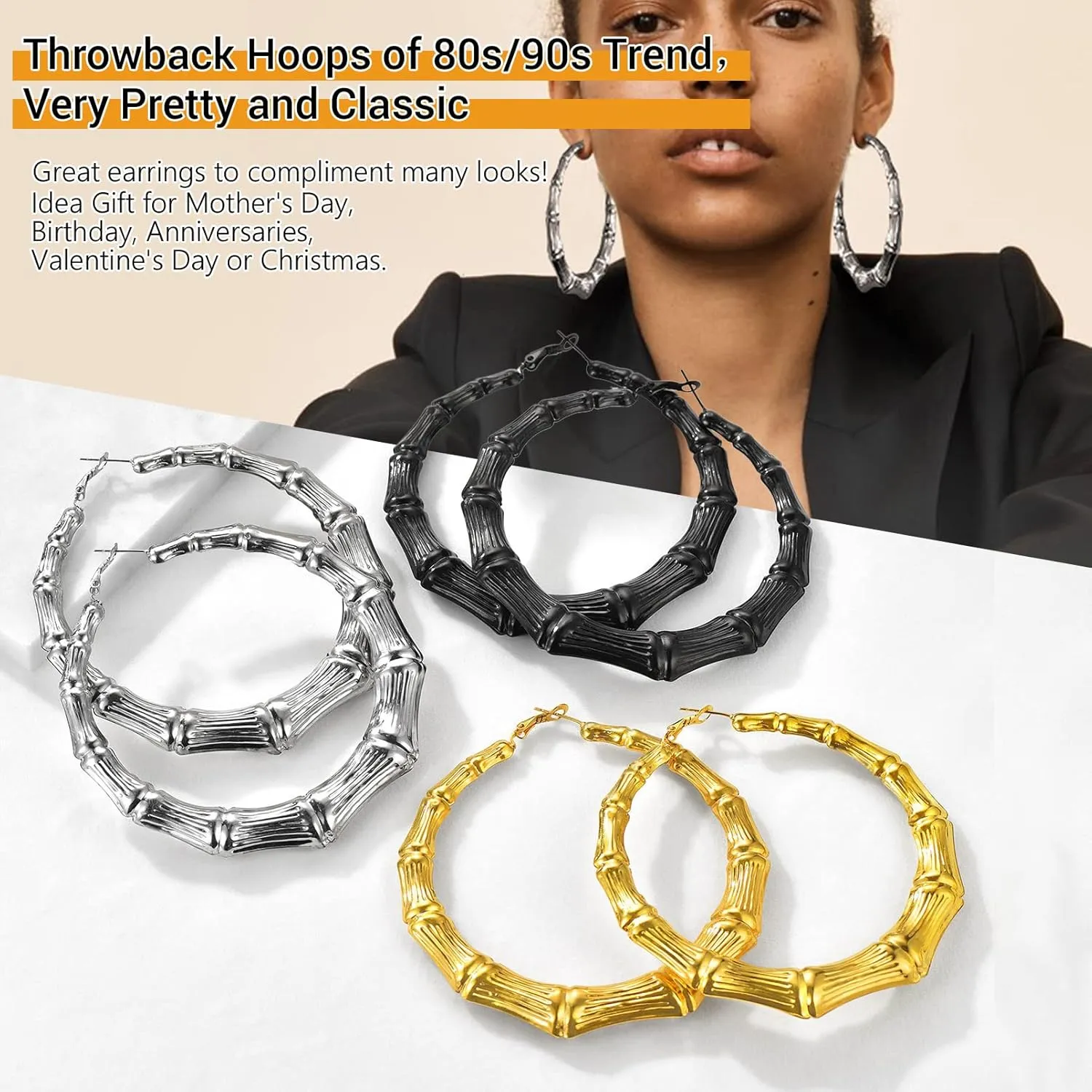 Novelty Bamboo Hoop Earrings For Women, Minimalist and Chic Jewelry, Black/18K Gold Plated Stainless Steel Earrings Hypoallergenic, Size:40mm/60mm/80mm, Come Box