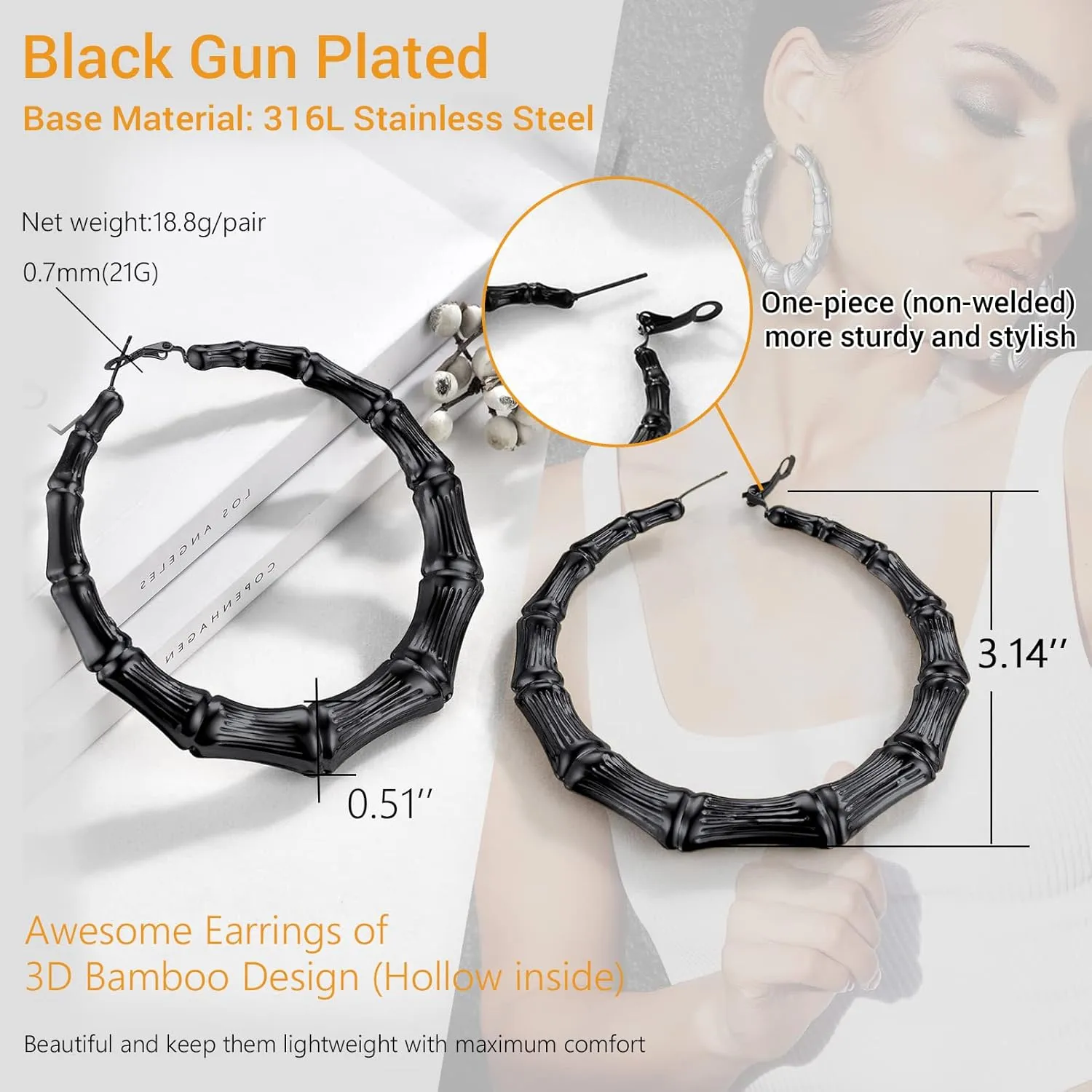 Novelty Bamboo Hoop Earrings For Women, Minimalist and Chic Jewelry, Black/18K Gold Plated Stainless Steel Earrings Hypoallergenic, Size:40mm/60mm/80mm, Come Box