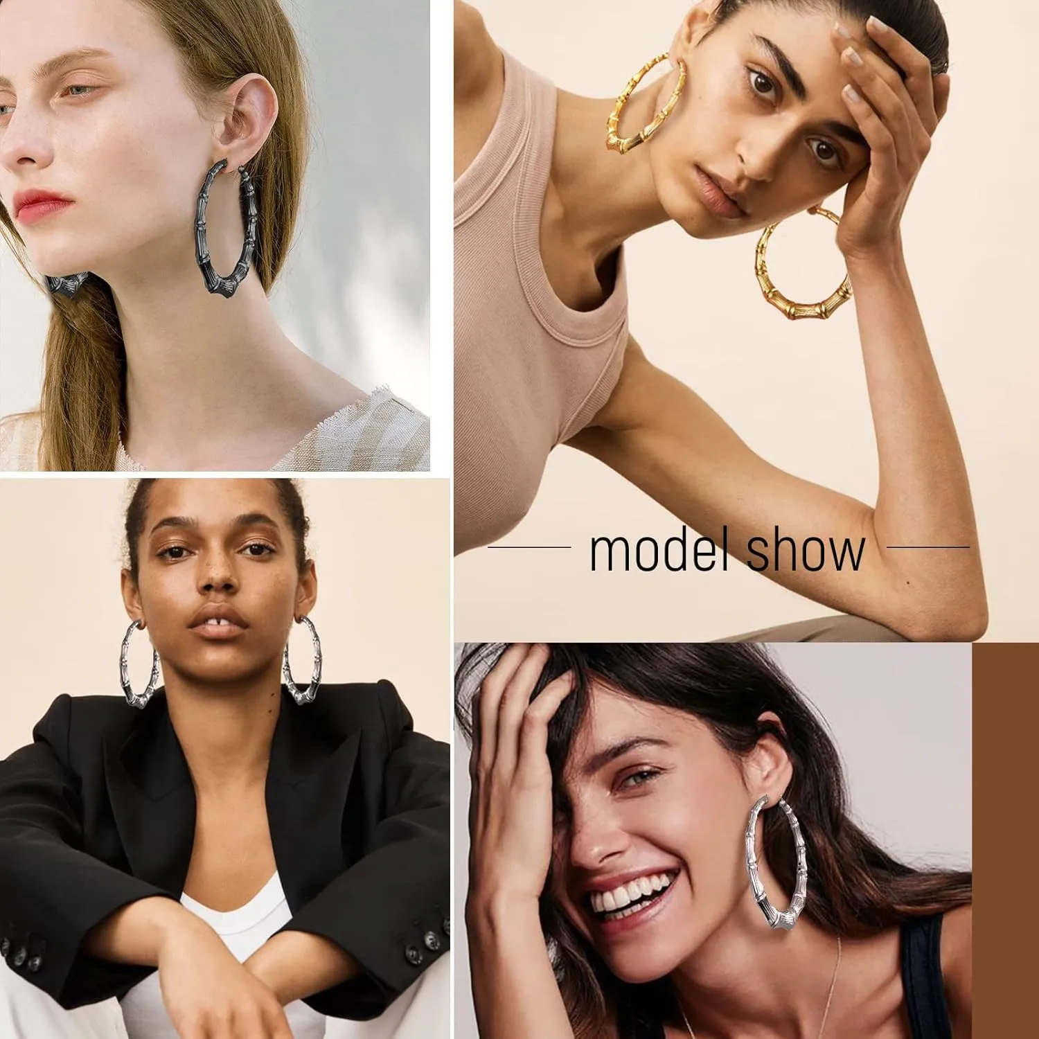 Novelty Bamboo Hoop Earrings For Women, Minimalist and Chic Jewelry, Black/18K Gold Plated Stainless Steel Earrings Hypoallergenic, Size:40mm/60mm/80mm, Come Box