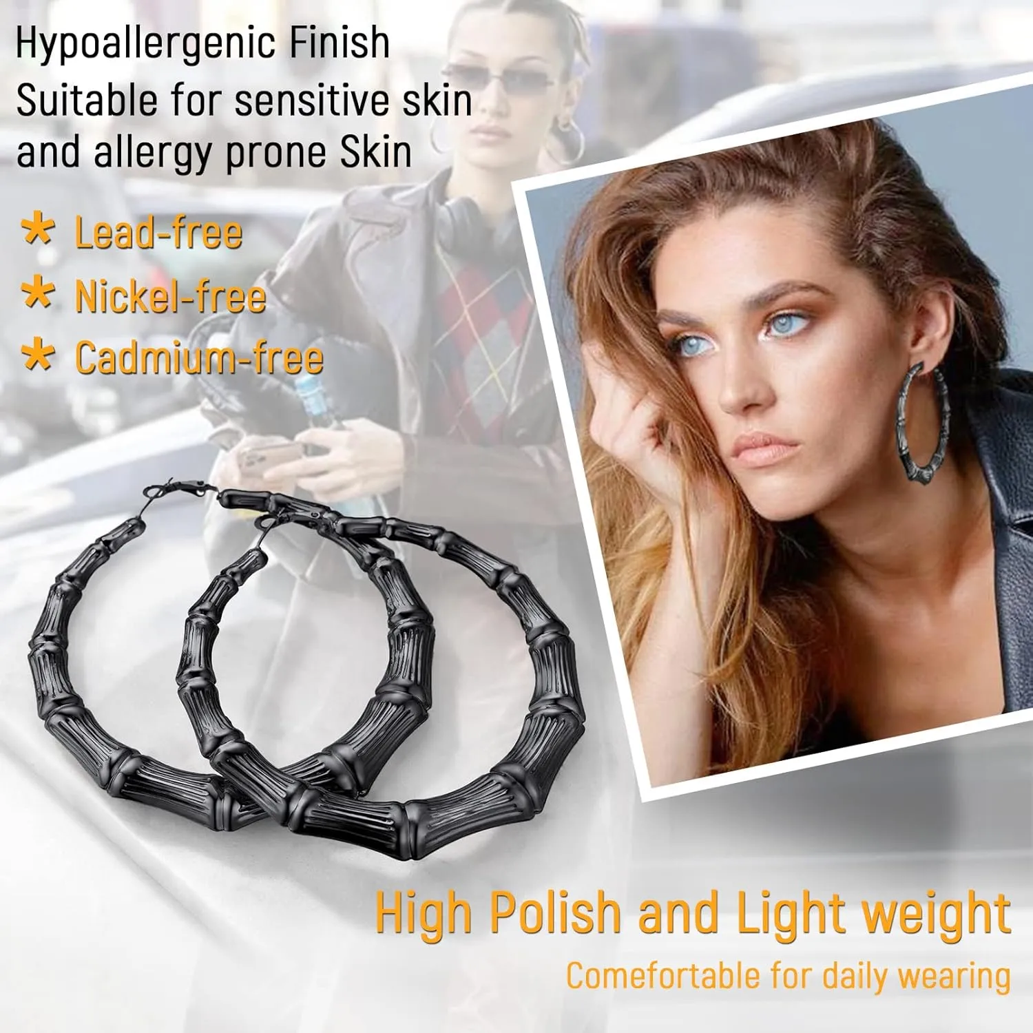 Novelty Bamboo Hoop Earrings For Women, Minimalist and Chic Jewelry, Black/18K Gold Plated Stainless Steel Earrings Hypoallergenic, Size:40mm/60mm/80mm, Come Box