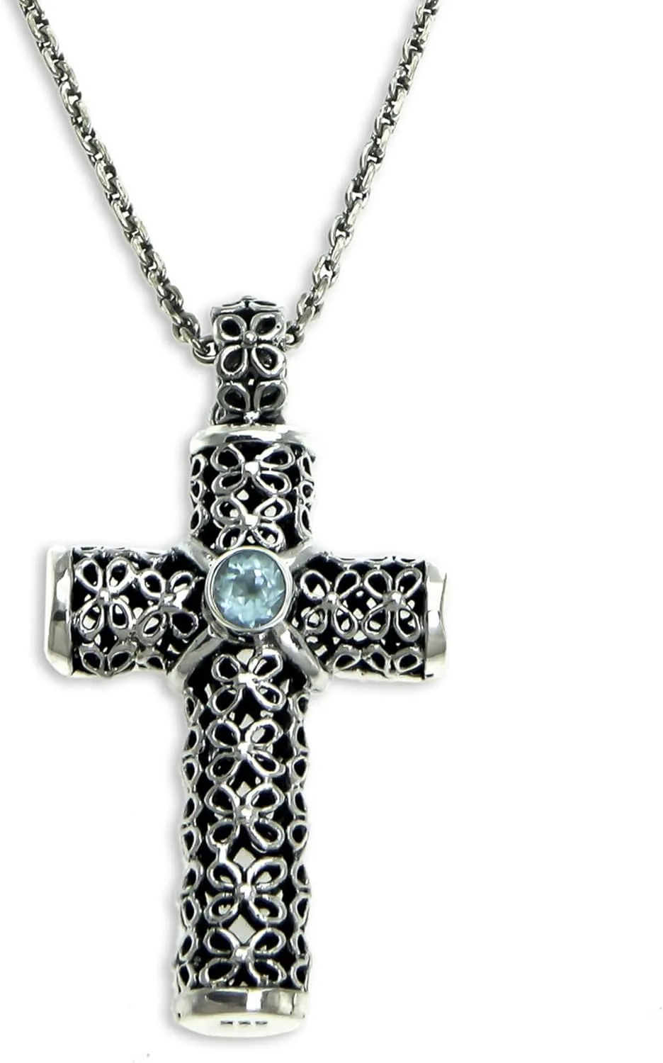 NOVICA Artisan Handmade Blue Topaz Pendant Necklace Unique Sterling Silver Religious Indonesia Placid Serenity Cross Floral Birthstone Gemstone [necklace Length 19.75 in L Necklace Width 2 mm W Penda]